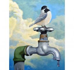 Chickadee realistic bird portrait on old water faucet painting